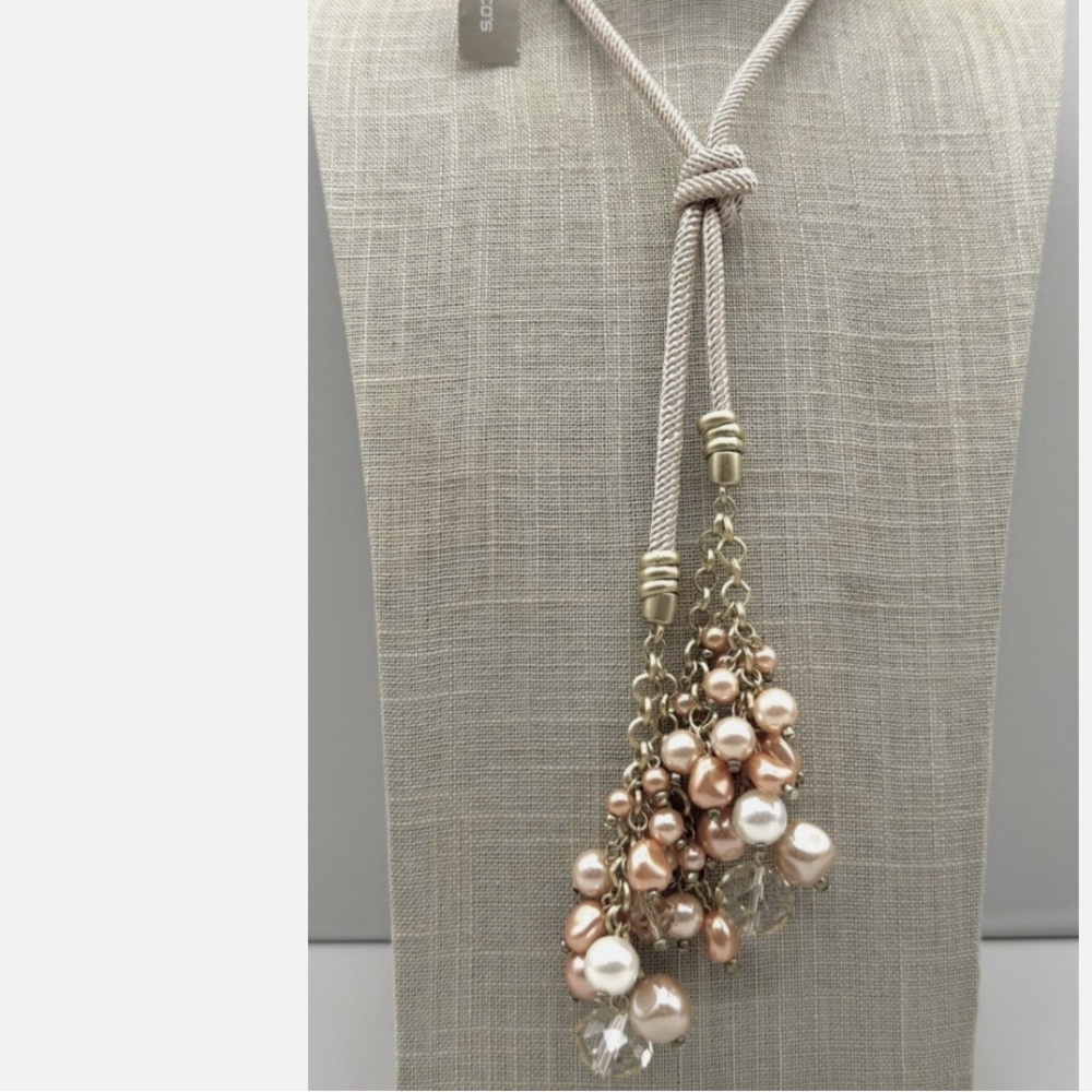 Chicos Cord Beaded Long Necklace NWT! Elegant Pearl Cluster Necklace.
